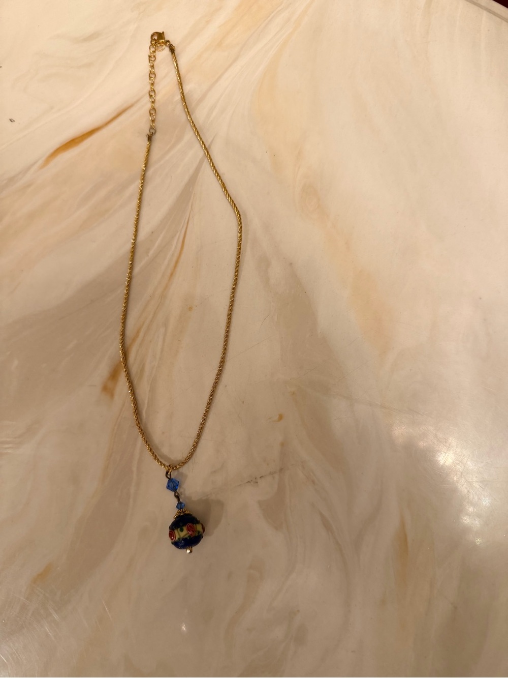 Gold Chain  Italian Necklace with Blue Floral Murano-Style Glass Pendant